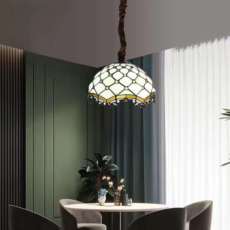 lampe suspendue tiffany multicolore art nouveau vintage motifs floraux chaîne métallique