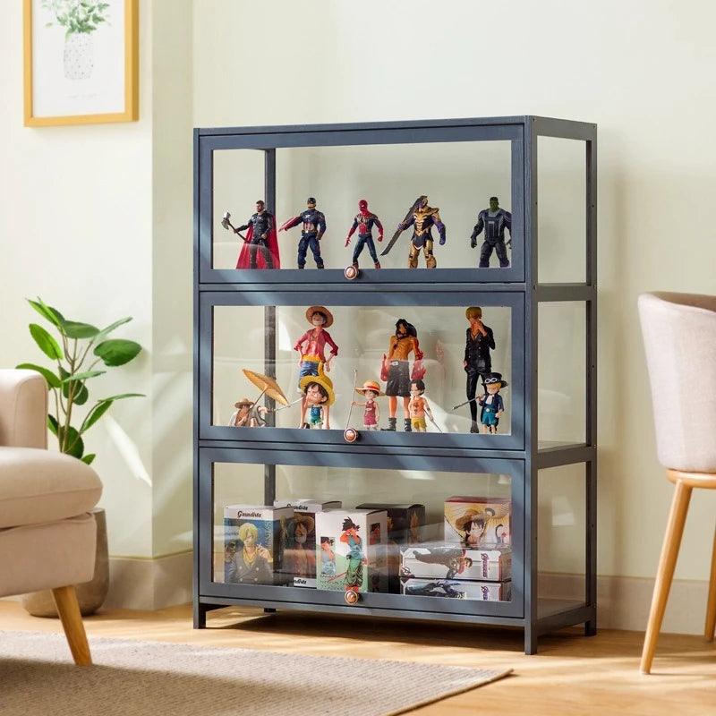 meuble casiers gris moderne vitrine transparente figurines boîtes rangement jouets