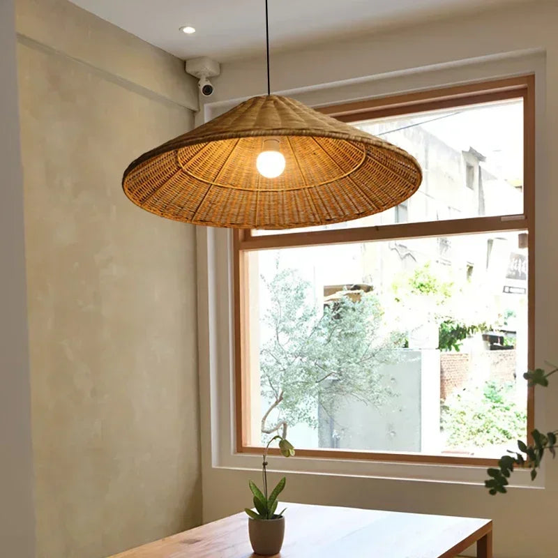 pendant suspension wicker naturel moderne rustique crochet câble noir lumière chaude chambre salon étude