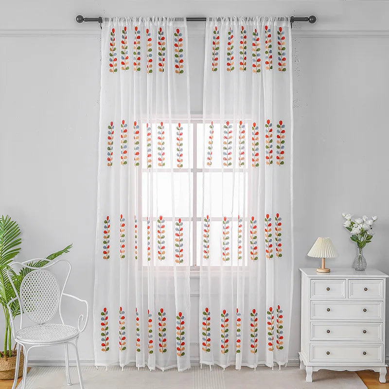 rideaux brodés floral japonais polyester translucides blanc rouge vert orange bleu salon