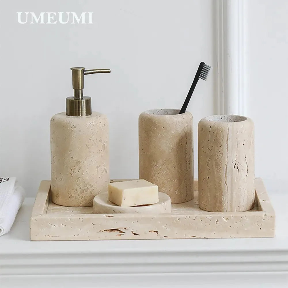 Distributeur de savon en travertin naturel