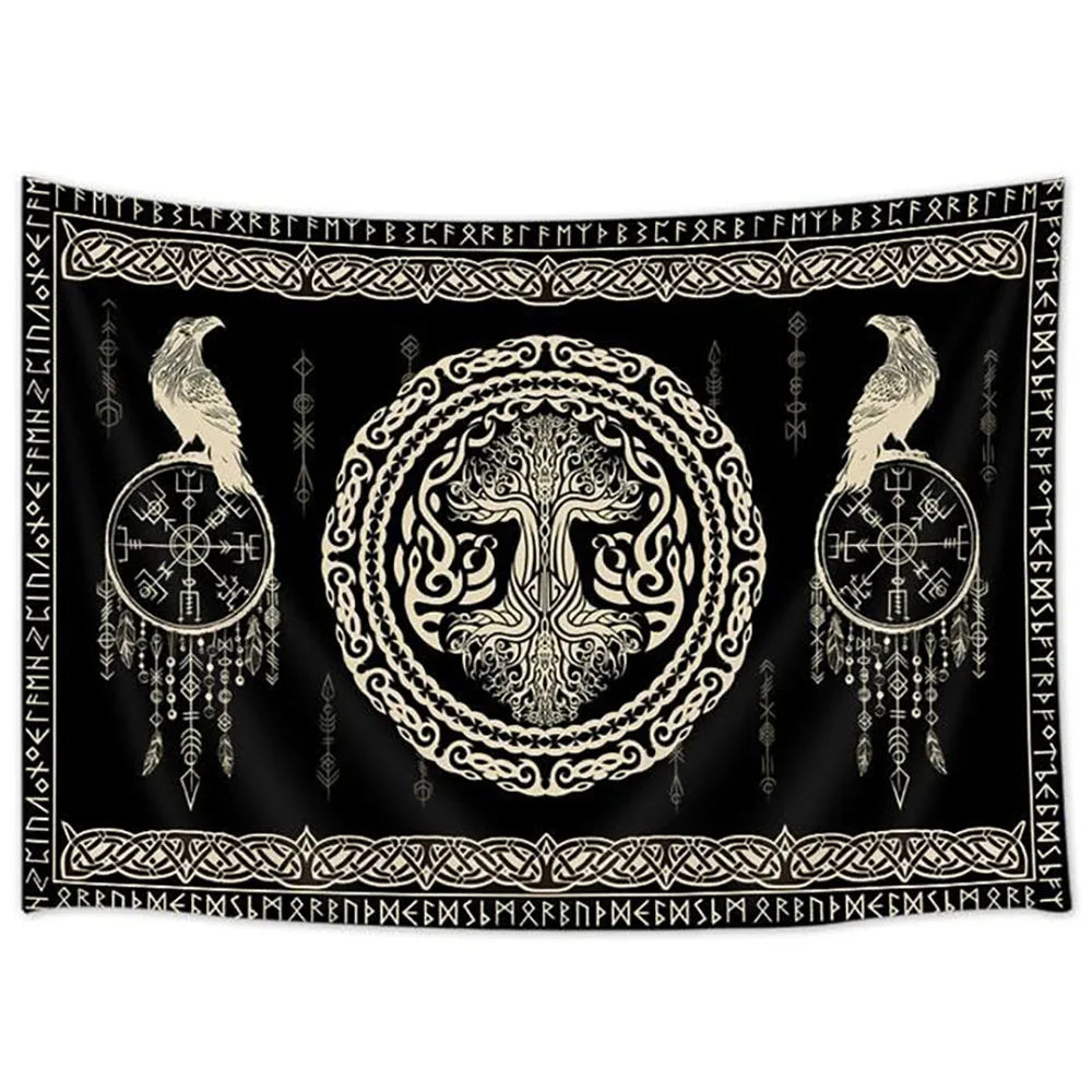 tapisserie art celtique motifs géométriques noirs blancs arbre vie runes oiseaux nordique salon