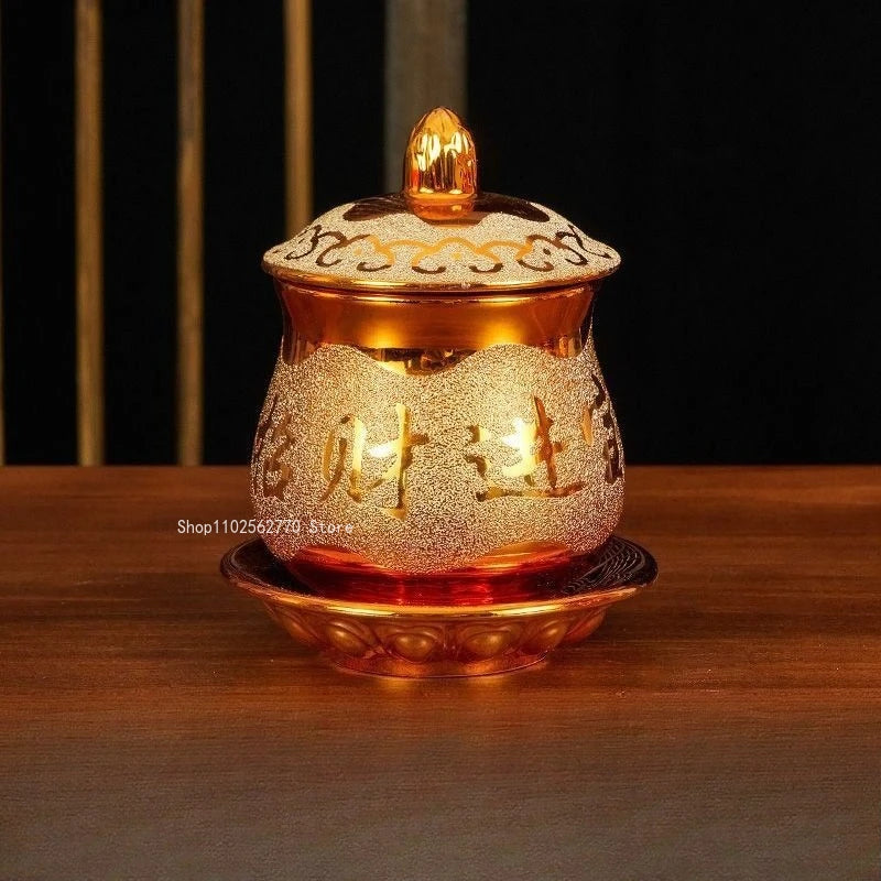 coupes décoratives or géométriques texture granulée classique élégant offrandes buddhistes ensemble ceremonial