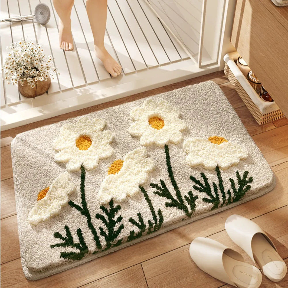 tapis sol fleurs naturel beige blanc vert salle bain intérieur antidérapant durable polyester feutre
