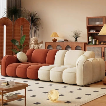 canapé d'angle moderne orange vert clair beige coussins contemporain minimaliste scandinave