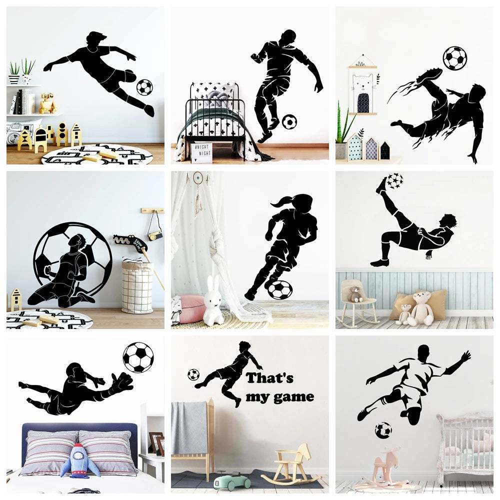 sticker mural football silhouettes joueurs ballon minimaliste adhésif chambre enfant décoration mur room decor