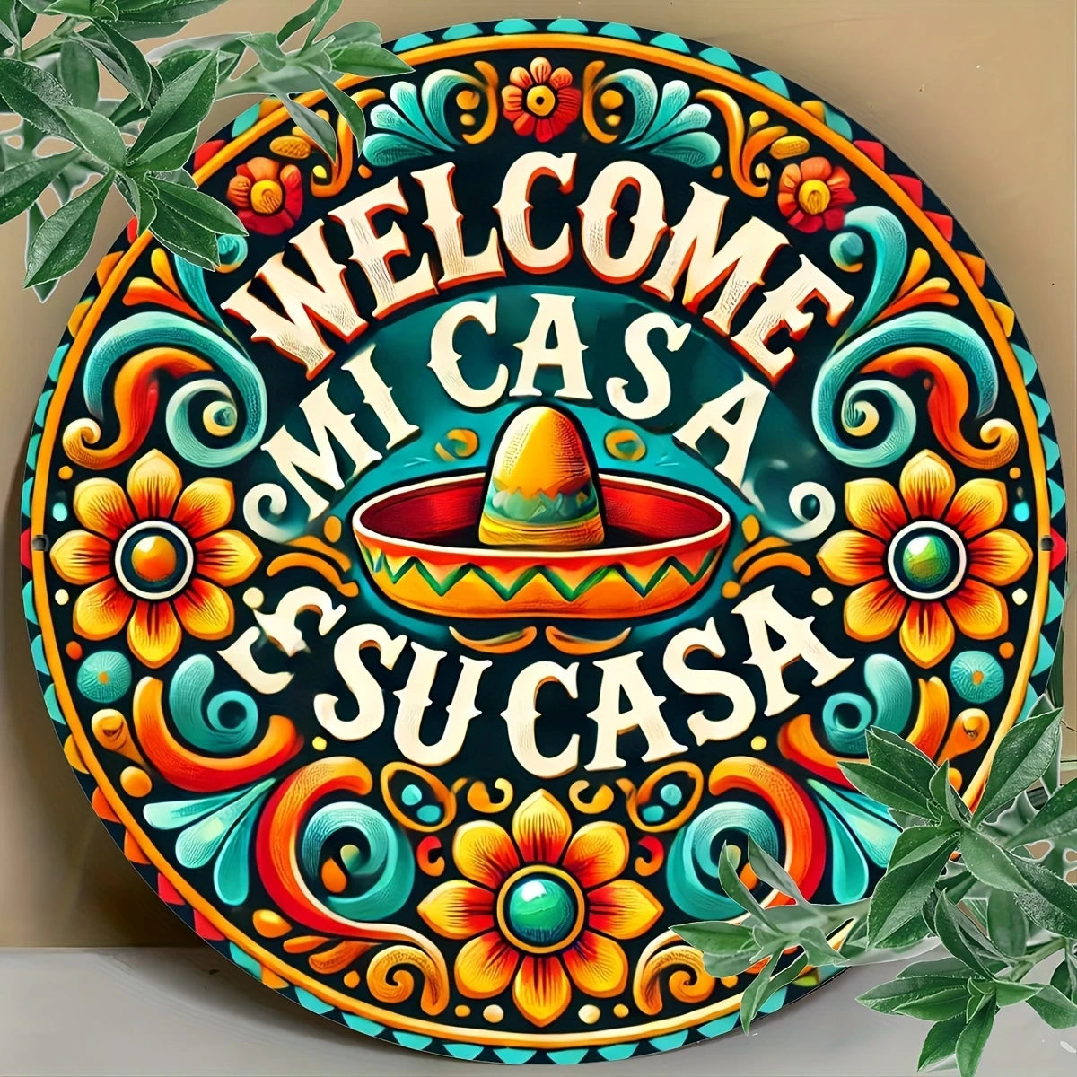 plaque décorative bois multicolore motif floral ethnique welcome mi casa su casa artisanal salon