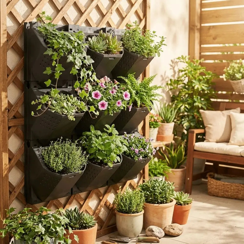 jardinière murale autoarrosante moderne noire blanche fixée plante verte