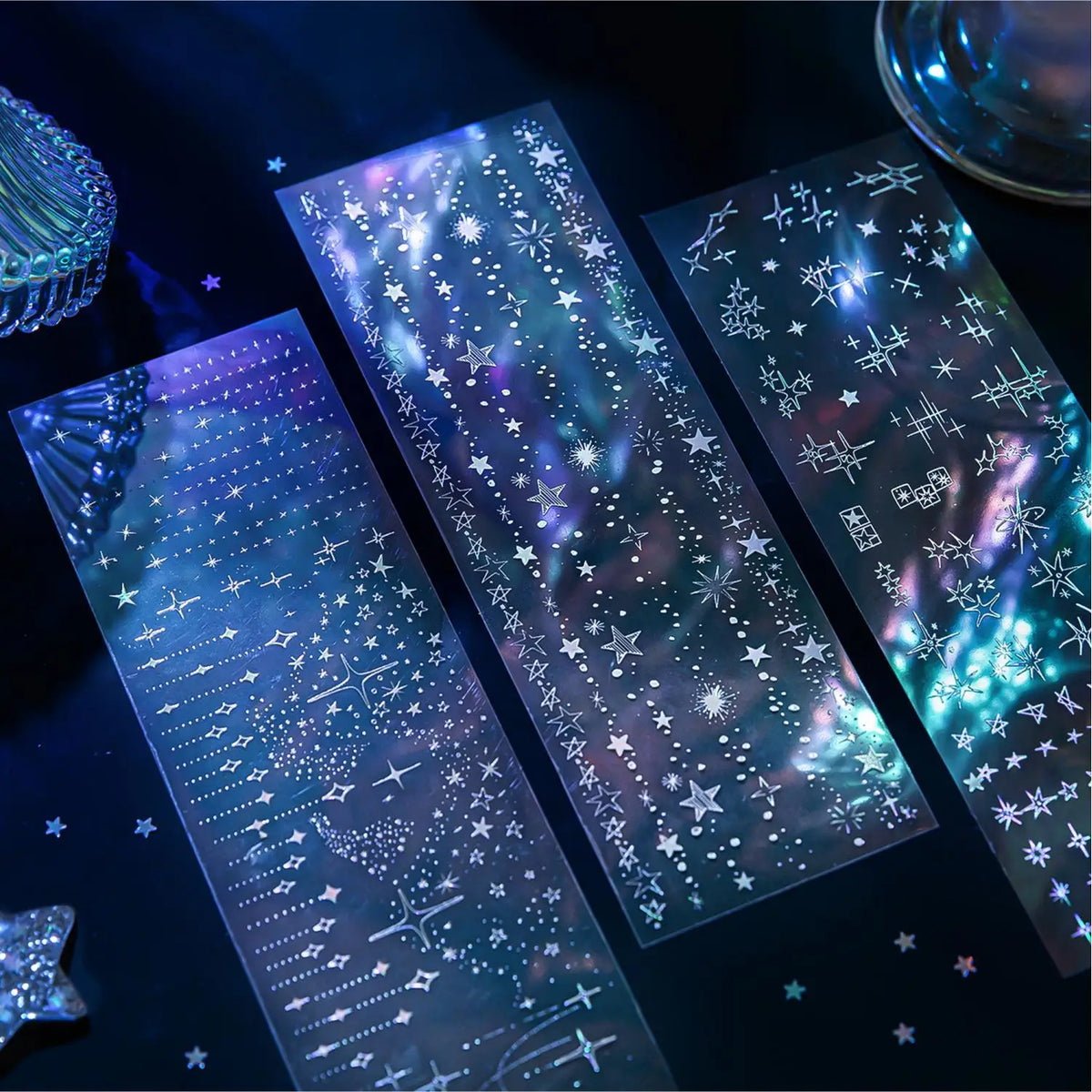 sticker décoratif violet étoiles poissons moderne graphique 60x180mm pièces transparent opacité
