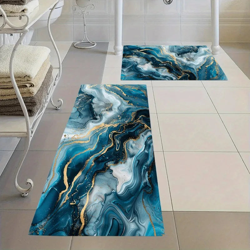 tapis moderne marbré bleu doré salon extérieur salle bain polypropylène polyester