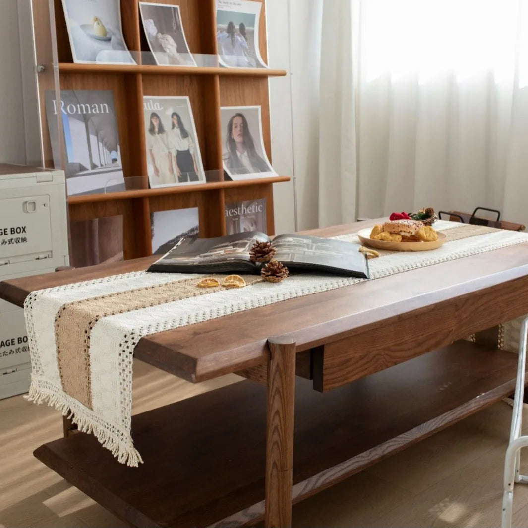 chemin table crocheté franges beige blanc rustique maison décoratif polyester coton large longueur