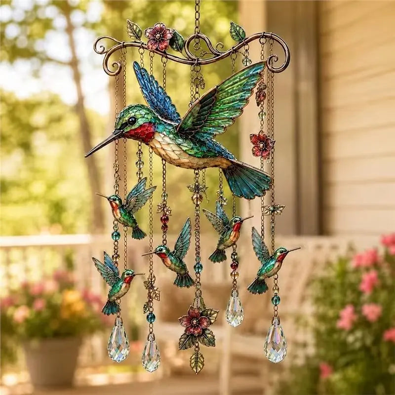 cloche vent colibris fleurs chaînes dorées artisanal jardin vert bleu rouge or