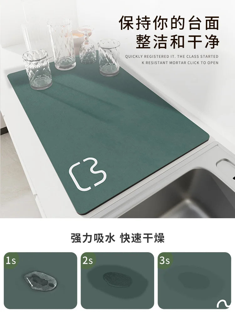 tapis cuisine absorbant diatomite marbre gris vert séchage vaisselle évacuation eau