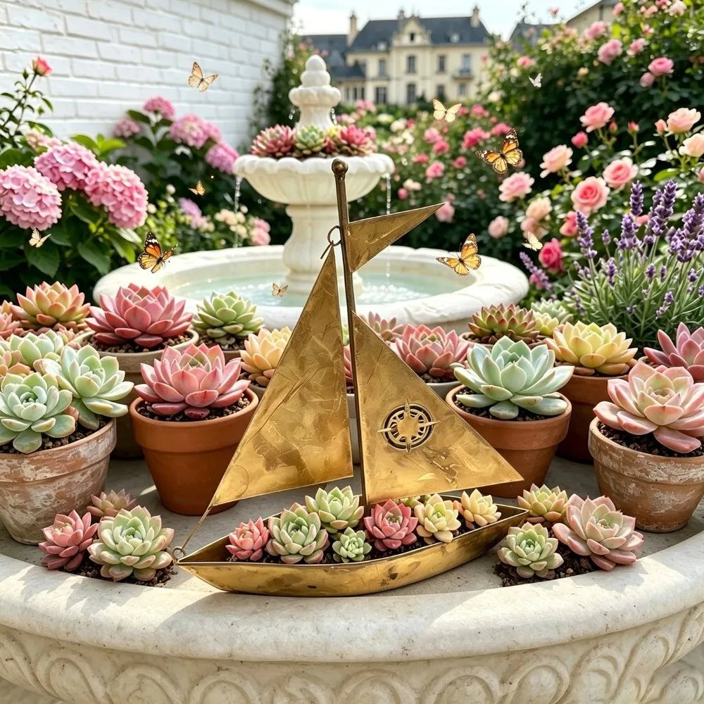 Bateau métal doré gravure compas artisanal décoratif plante succulenteextérieur résistant intempéries