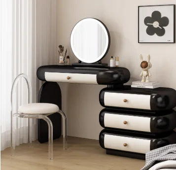 maquillage moderne commode tiroirs tabouret miroir noir blanc texture cuir