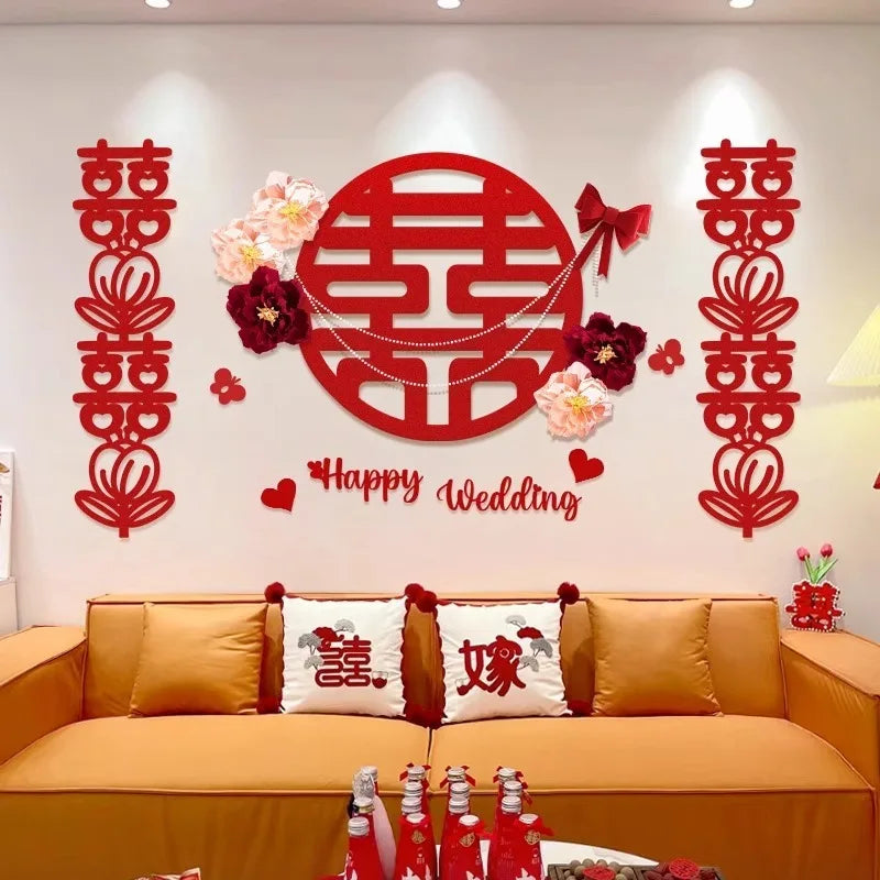 décoration murale mariage motifs chinois double bonheur fleurs artificielles cœurs happy wedding