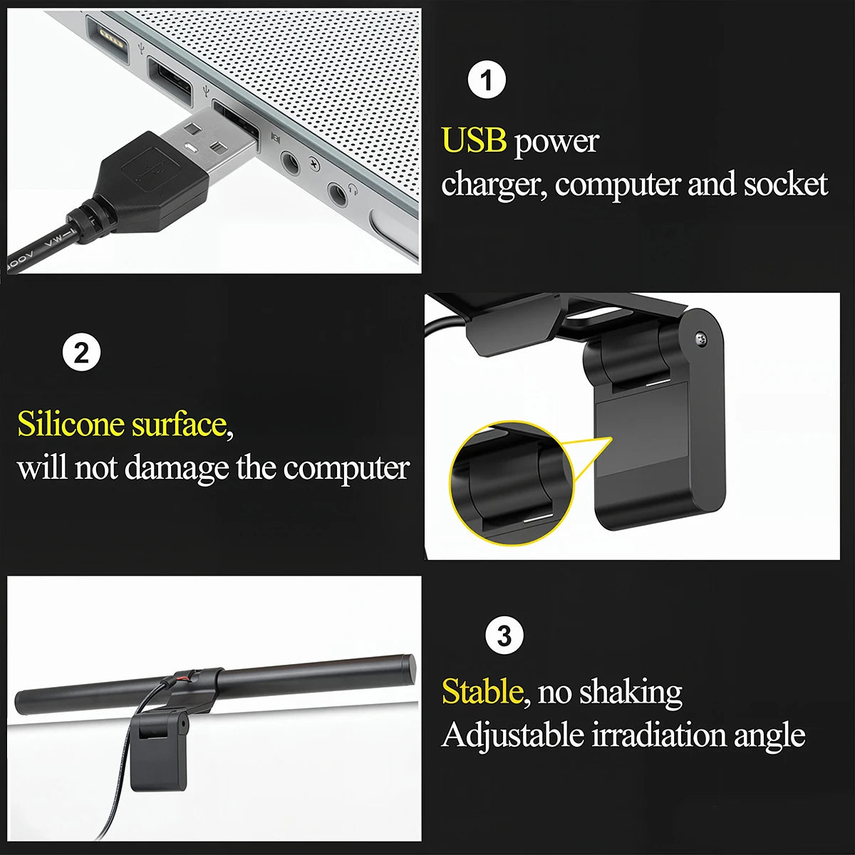 lampe led barre 30cm noir clips usb chargeur type moderne éclairage travail étude