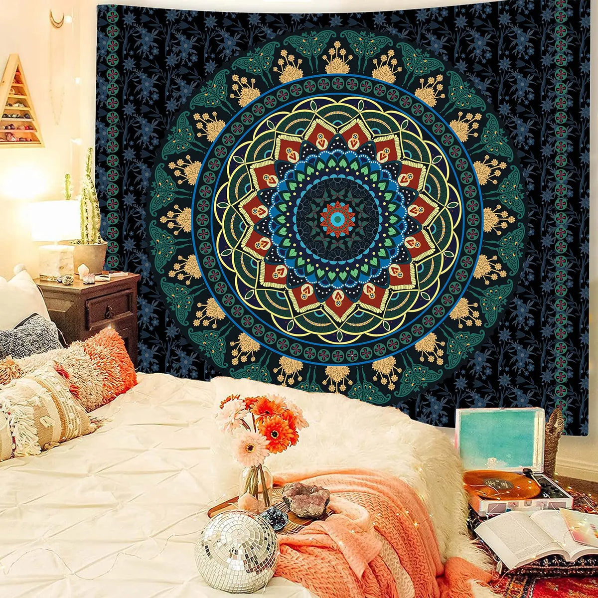 tapisserie murale mandala bohème bleu orange noir éléphant géométrique polyester rectangle