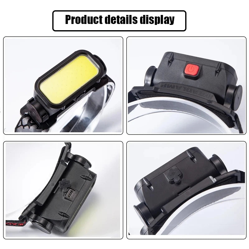 lampe frontale rechargeable led noire jaune clip moderne camping pêche randonnée usb