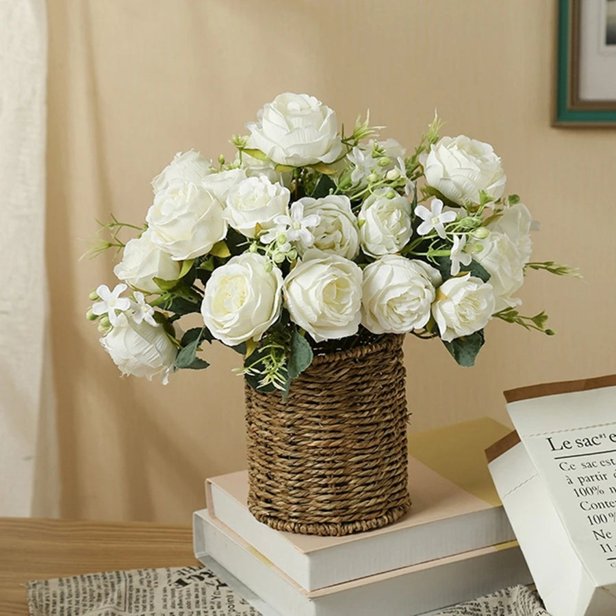 bouquet artificiel soie pivoine rose violet blanc décoration intérieure classique rustique vase transparent