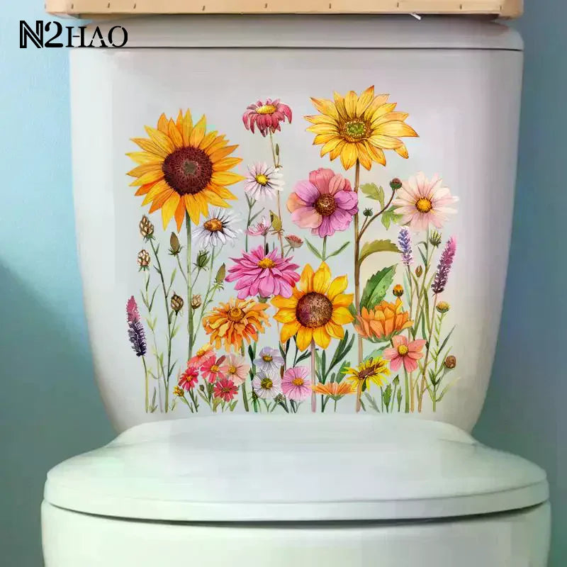 sticker mural décoration toilette fleurs tournesols papillons moderne pvc multicolore illustration réaliste