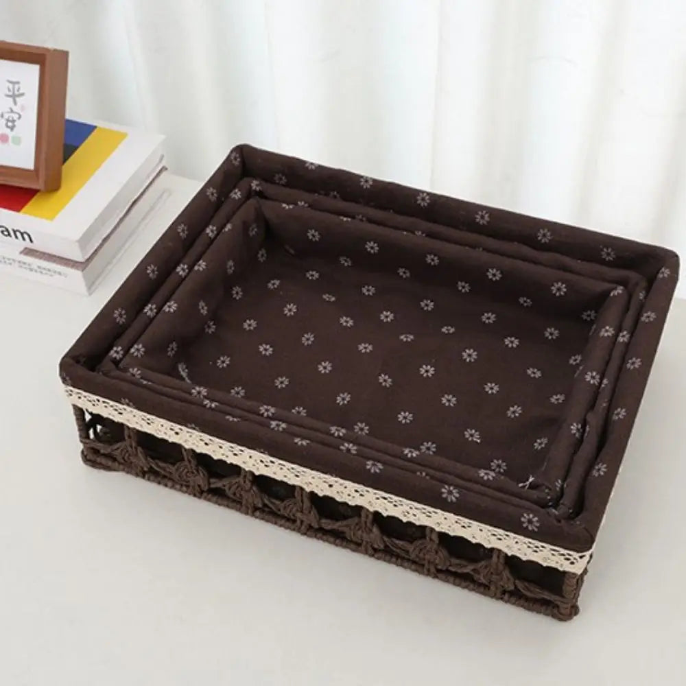 paniers rangement rustique tissu motif géométrique beige gris marron opacité crocheté multifonctionnels