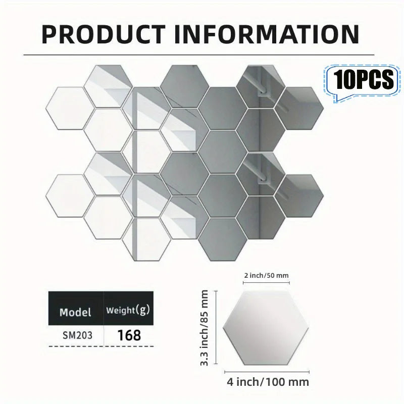 miroir hexagonal moderne blanc géométrique 10 pièces adhésif auto collantintérieur décoration artísticopaque