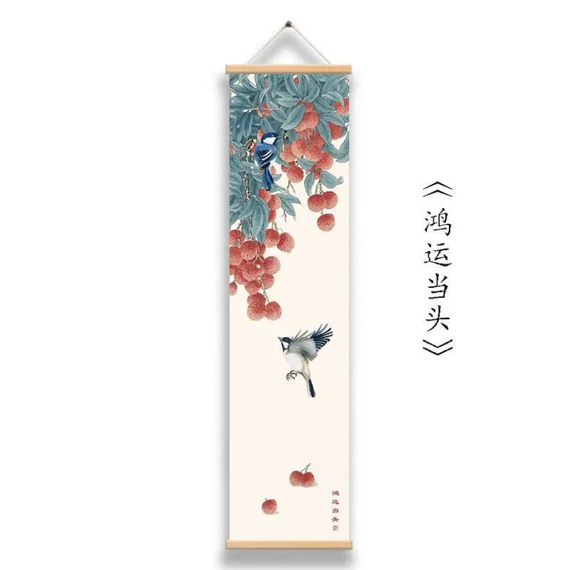 tableau suspendu traditionnel floral oiseaux fleurs fruits branches beige bleu rouge noir violet rose