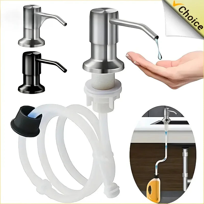 distributeur savon liquide argenté noir moderne fixation vis tube silicone bouchon valve sécurité flacon