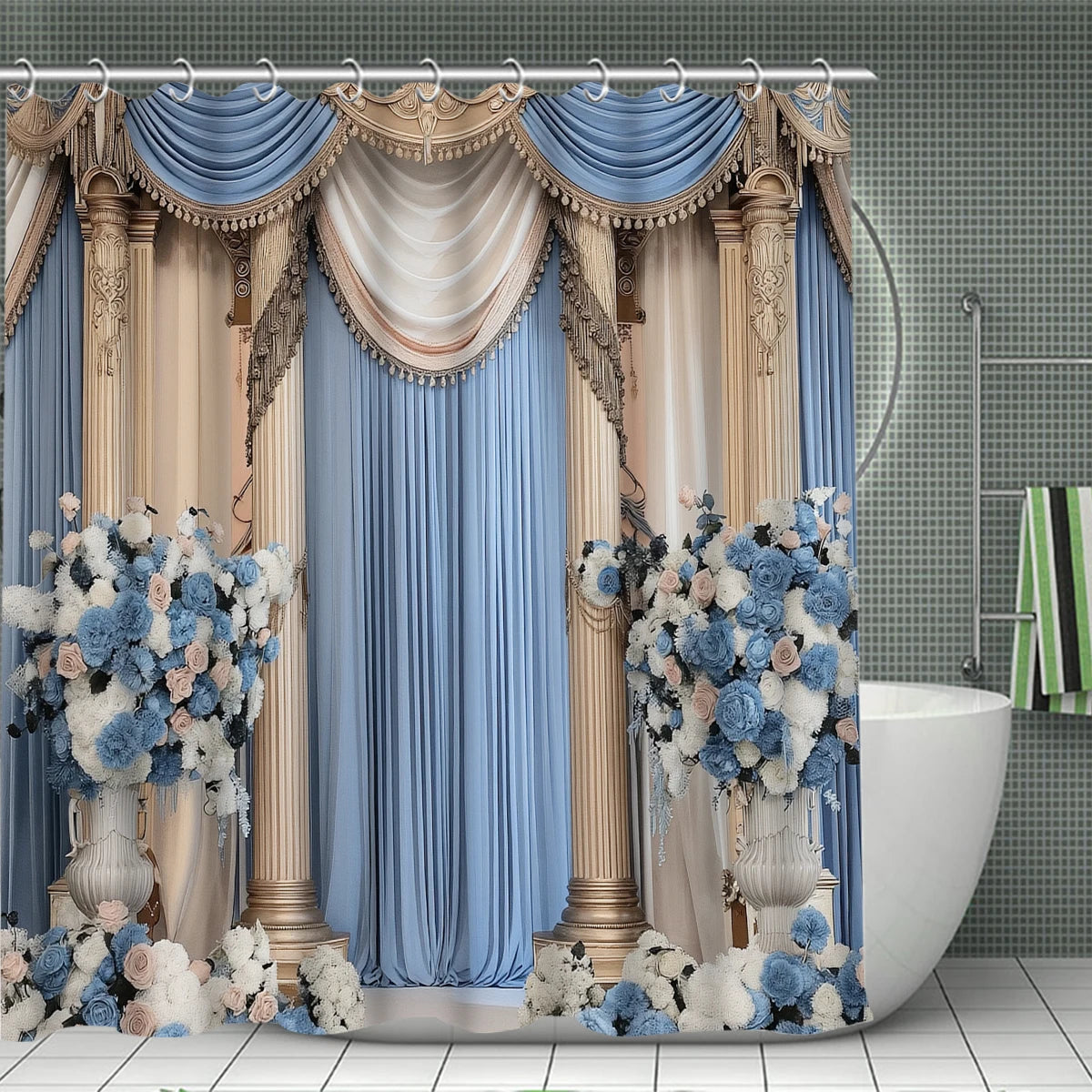 rideau douche bleu motif colonnes tapis sol toilette élégants ensemble salle bain baroques hooks