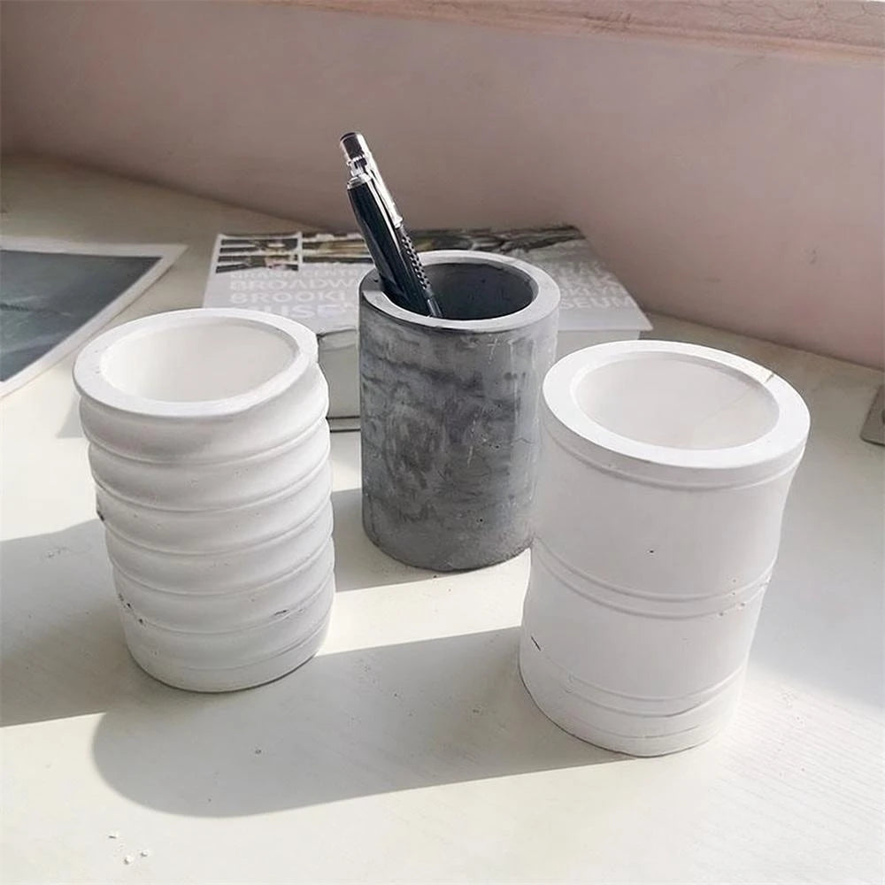 pot stylos silicone texture béton motif géométrique moderne gris blanc minimaliste
