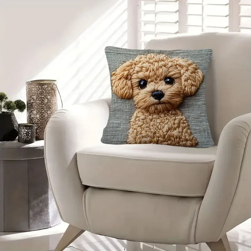 housse coussin imprimé chien mignon beige gris décorative maison lit polyester peachskin
