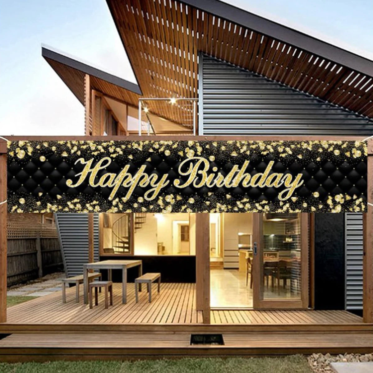bannière anniversaire enfant moderne happy birthday ballons confettis clips doré noir festive
