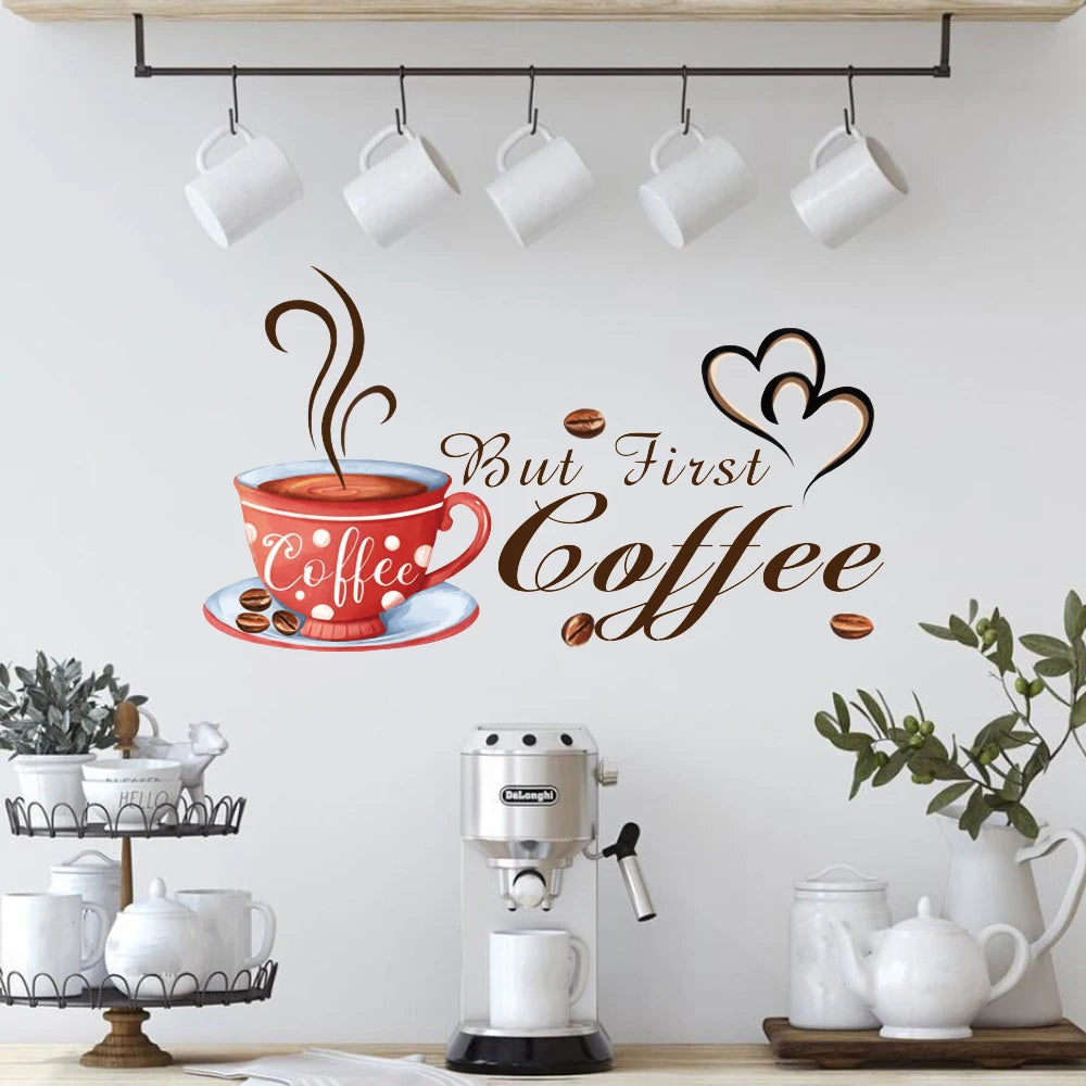 autocollant mural tasse grains but first coffee coeurs moderne adhésif chambre nursery salon
