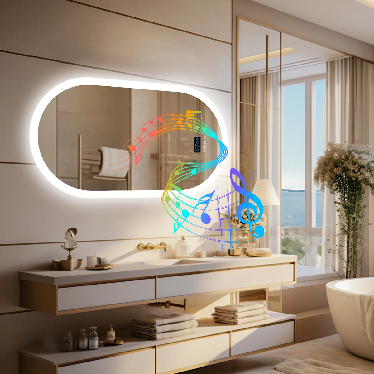 miroir lumineux moderne bluetooth éclairé anti buée date heure marbré blanc beige