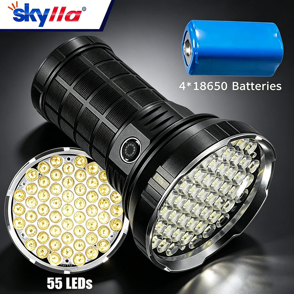 lampe torche rechargeable led noire robuste camping outdoor 55led 50w