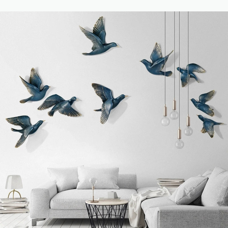 décorations murales oiseaux vol bleu doré blanc noir réalistes plumes modernes