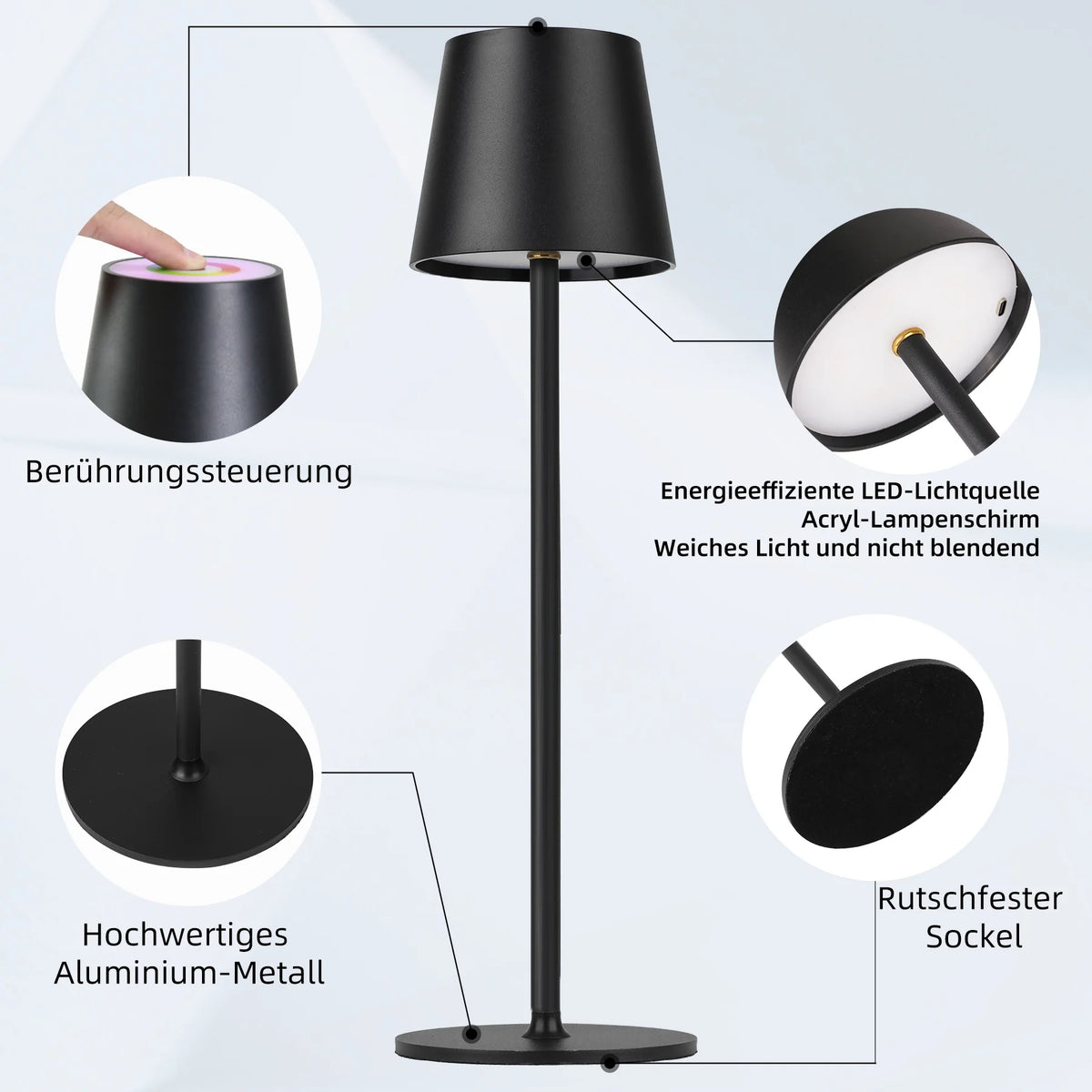 lampe table led rechargeable usb interrupteur tactile noir moderne(touch dimming abs batterie)