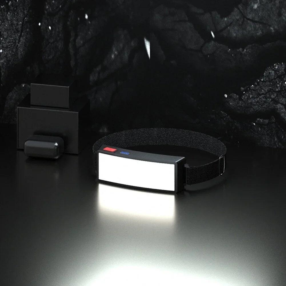 lampe frontale rechargeable led usb camping pêche chasse bande rétractable indicateur puissance moderne noire