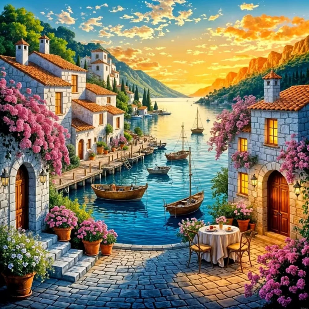tableau diamant paysage bord mer maison voiliers fleurs couchersoleil multicolore moderne decoration artisanale transparentes