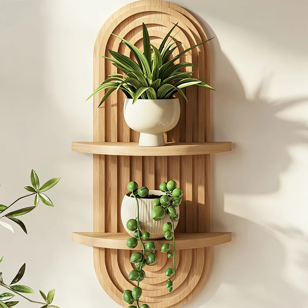 étagère murale bois naturel moderne minimaliste fixée mur contenant plante pot bougie figurine vase