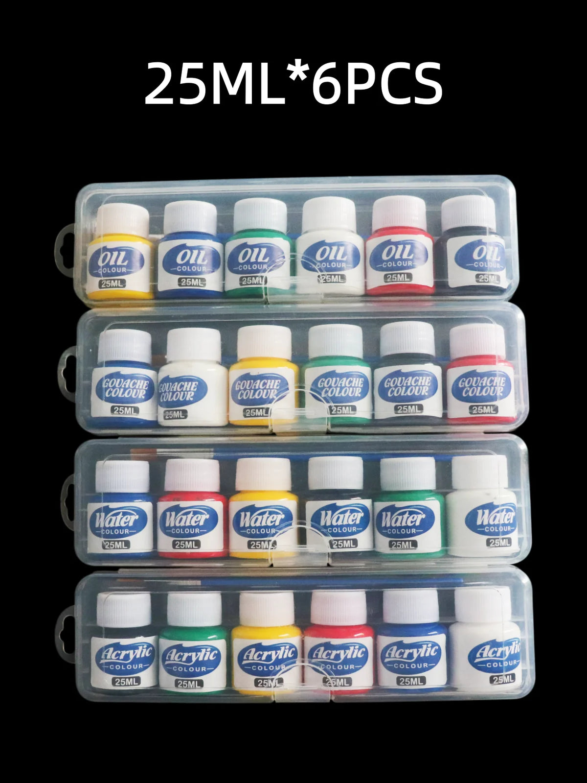 peintures acryliques bleu jaune vert rouge noir blanc étiquettes rondes clips contenants transparents