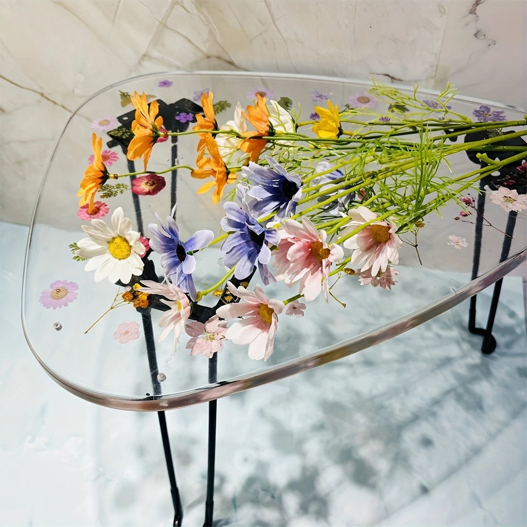 table basse moderne transparente fleurs colorées pieds métalliques plateau decoratif résine bleuclairintérieur contemporain bohême