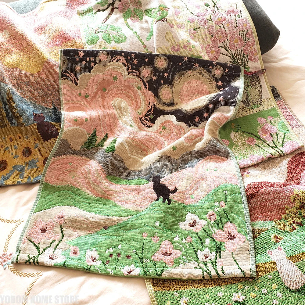 serviette main 100 coton absorption rapide floral chats paysages rose vert noir