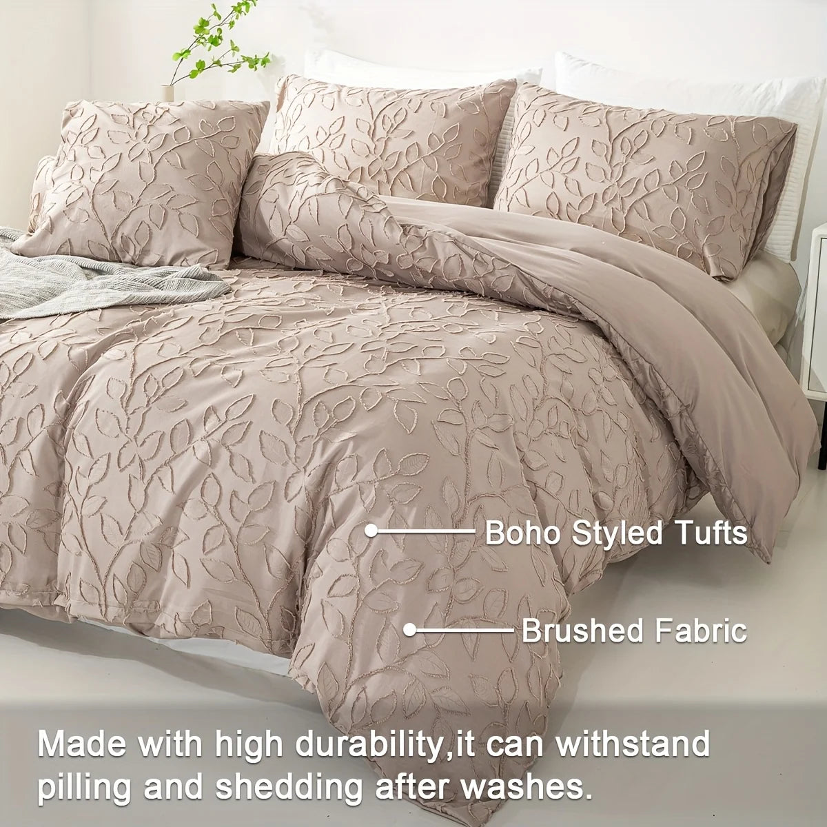 ensemble literie boho beige motif feuilles tissu brossé couvre lit taies oreiller double simple