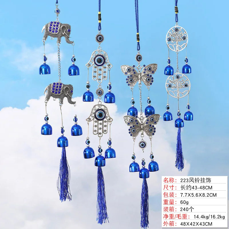 pendant ethnique attrape rêves œil bleu argenté clochettes métal maison jardinextérieur