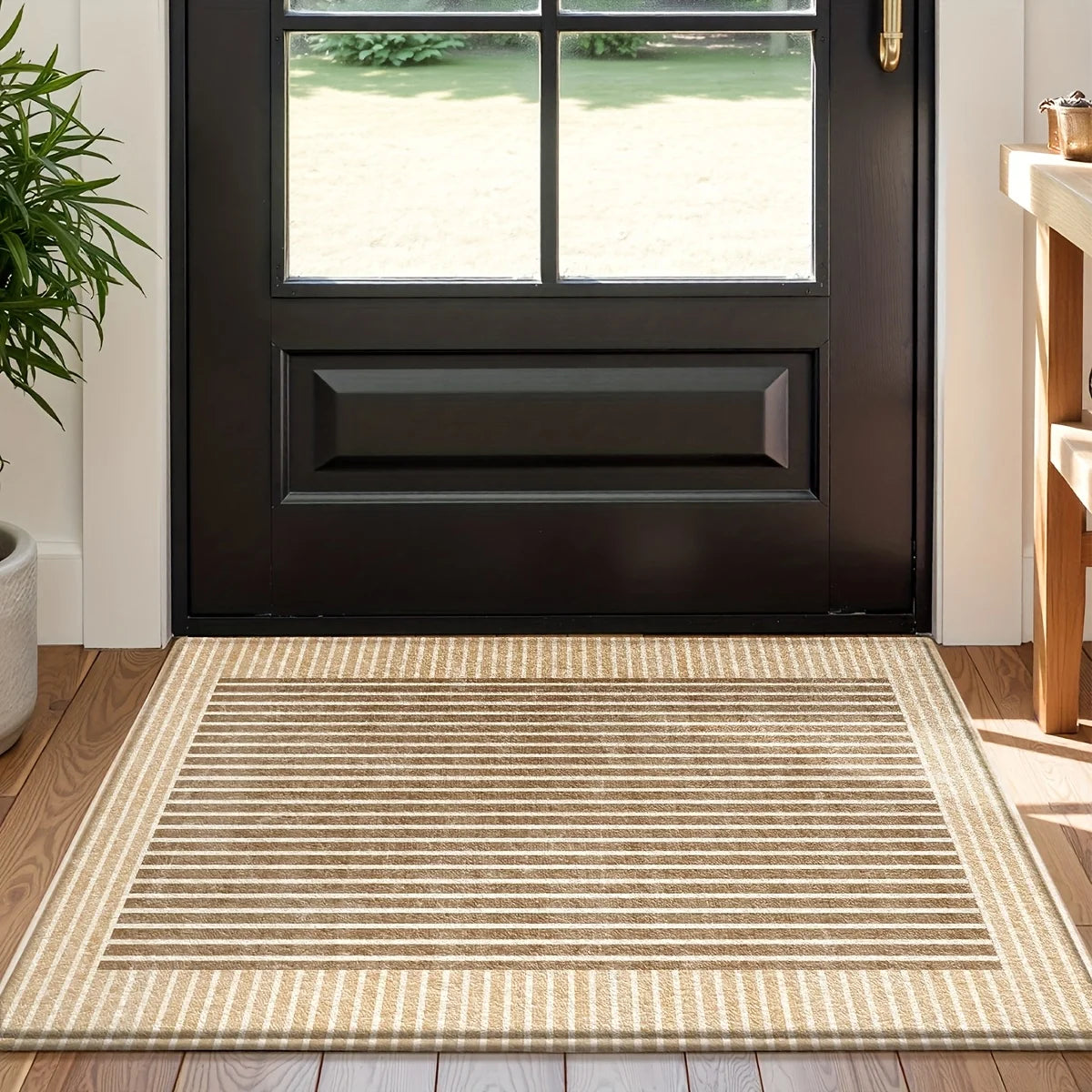 tapis moderne polyester rayures beige salon chambre extérieur salle bain lavage main machine