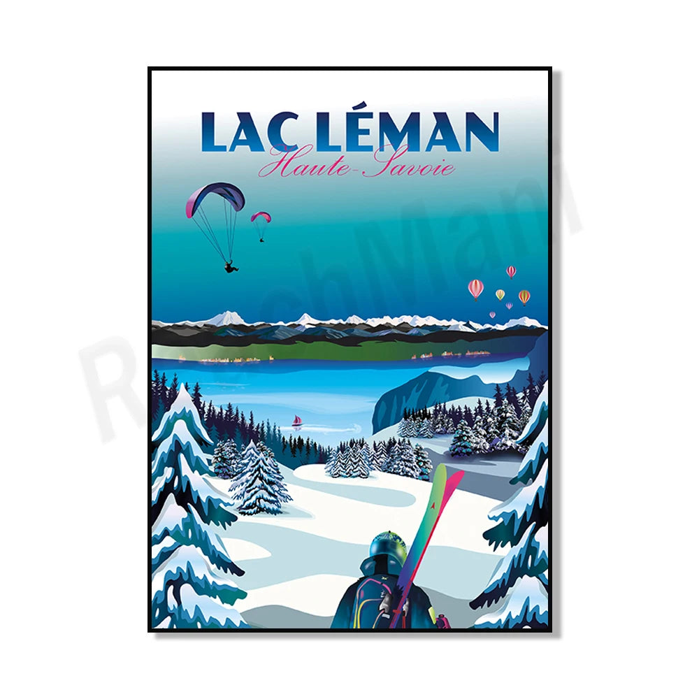 L'image présente un paysage de montagne enneigé avec des skieurs, des ballons à air chaud dans le ciel et le texte "Lac Léman, Haute-Savoie" au premier plan.