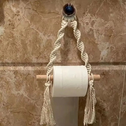 porte rouleau papier toilette macramé boho blanc noeuds bois décoratif chambre salle bain