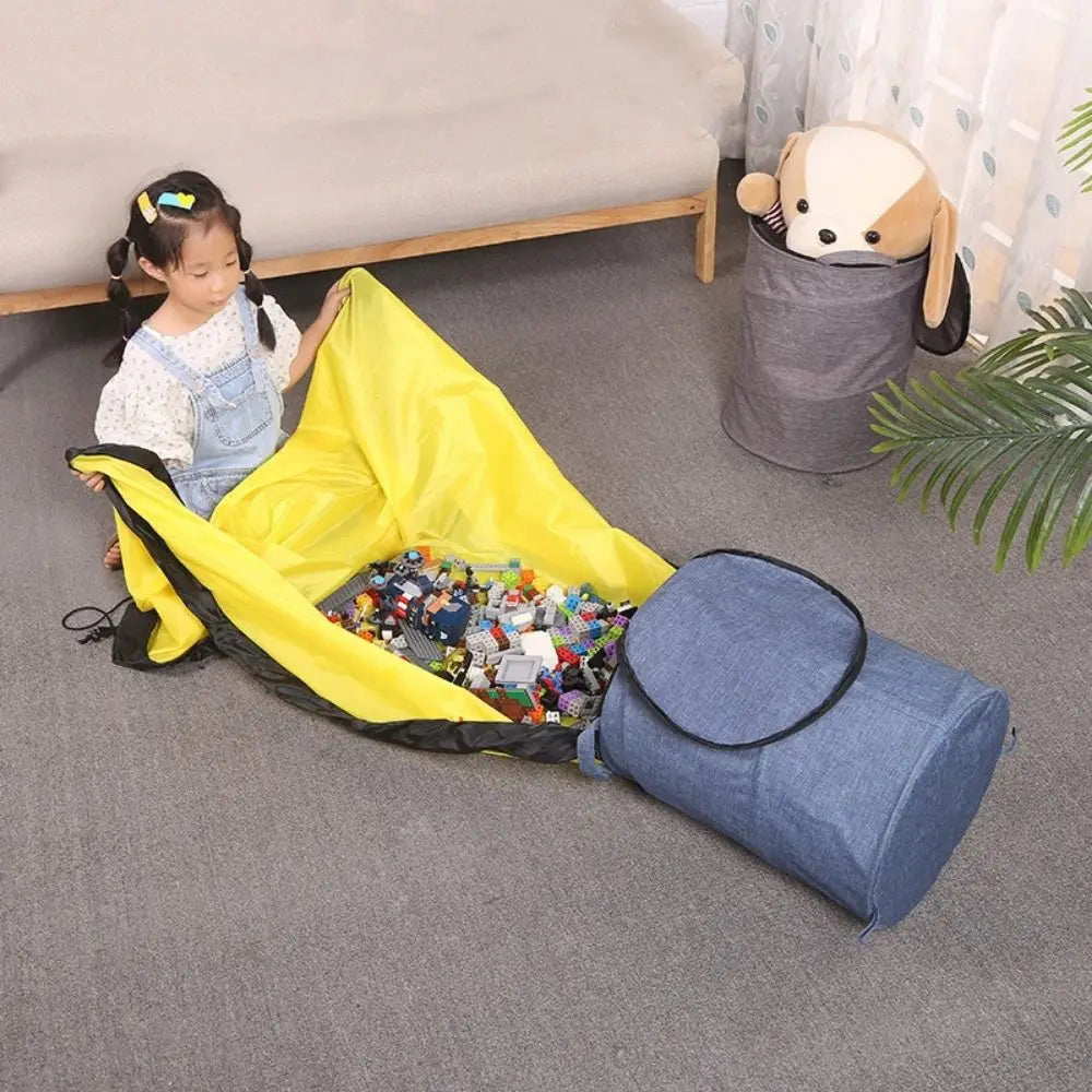 sac jouets pliable toile coton bleu gris jaune moderne pratique poignées tapis rond jouets